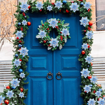 Geosar 36 Pcs Christmas Glitter Artificial Poinsettia Flowers Xmas Poinsettia Artificial Wedding Flowers Decorations Xmas Tree Ornaments with Clips for Party, 6 Inch, 4 Inch, 3 Inch(Silver and Blue)