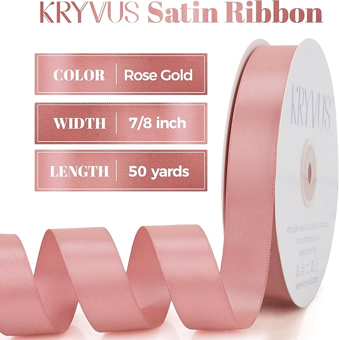Rose Gold Satin Ribbon, Double Faced 7/8 Inch X 50 Yards Rose Gold Ribbon, Premium Satin Ribbon for Gift Wrapping, Crafts, Hair Bow Making, Sewing, Flower Bouquet, Wedding Party Decor