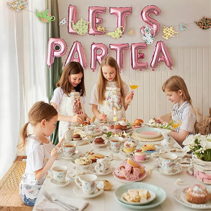 Let's Par Tea Decorations Tea Party Balloons Banner LET'S Par-Tea Foil Balloon Floral Teapots Teacups Balloons Banner Teacup banner for Birthday Baby Shower Wedding Party Supplies