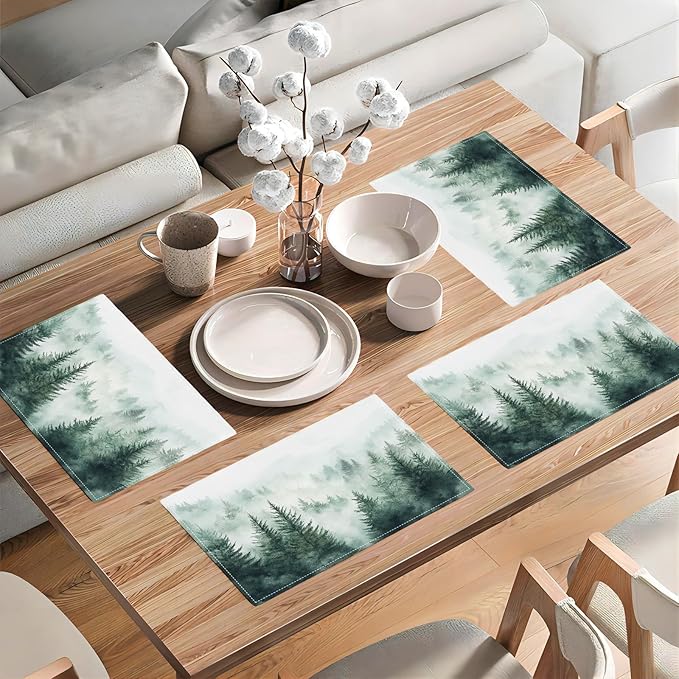 Misty Forest Placemats Set of 6, Green Tree Landscape Place Mats, Rustic Mountain Dining Table Mats, Washable Placemats for Kitchen Dining Room 18L'' × 12W''