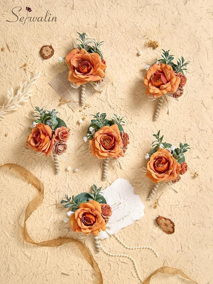 Serwalin 6PCS Orange Rose Boutonniere for Men Wedding Groom Groomsmen Best Man Boutonniere for Wedding Ceremony Anniversary Prom Flowers Formal Dinner Party, Orange