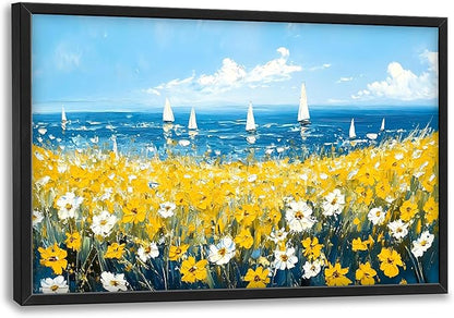 Coastal Flowers Large Wall Art Framed Blue Wall Decor for Living Room Ocean Sailboat Pictures Oversized Canvas Print Painting Modern Extra Large Framed Artwork for Bedroom Office 36"x24"