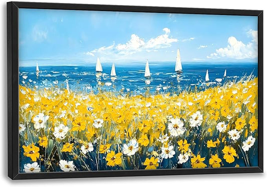 Coastal Flowers Large Wall Art Framed Blue Wall Decor for Living Room Ocean Sailboat Pictures Oversized Canvas Print Painting Modern Extra Large Framed Artwork for Bedroom Office 36"x24"