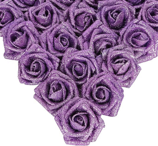 IPOPU Glitter Flowers,25PCS Light Purple Glitter Roses Fake Roses Artificial Flowers for Cake Wedding Bouquet Home Party Decoration(Lilac)