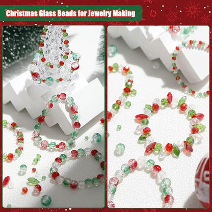 1000pcs Christmas Glass Beads for Jewelry Making Assorted Crystal Beads for DIY Crafts Bracelets Necklaces Earrings and Christmas Decorations Ornament Kits（Red Green White）