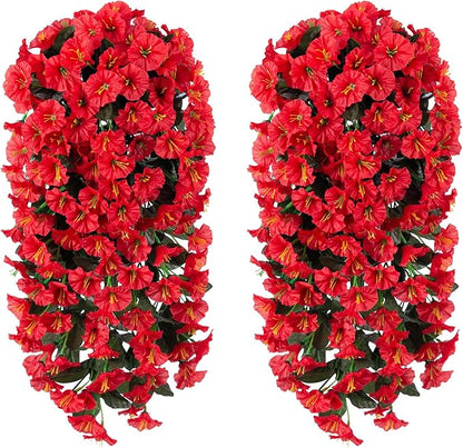 Artificial Faux Hanging Flowers Plants for Winter Christmas Outdoor Outside Decor, 2 PCS Fake Silk Red Morning Glory Long Vines UV Resistant Realistic for Home Porch Patio Balcony Planter Decoration