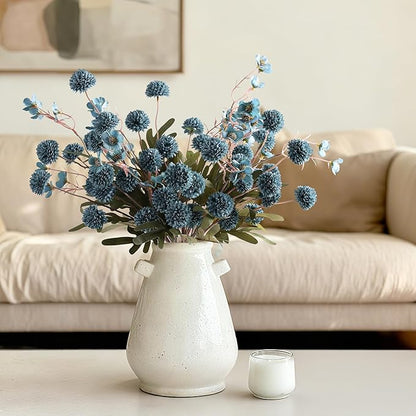 HyeFlora Fake Kiku Flowers,Faux Silk Pompon Mums 40heads Artificial Flowers,Chrysanthemum Stems Floral Arrangement Dried Flowers Vintage Decorative Indoor Home Vase Decor Blue with Wax