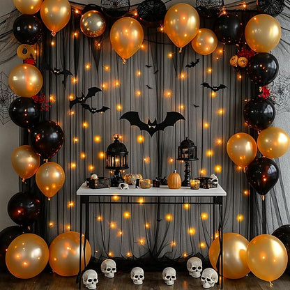 10ft x 10ft Black Backdrop Curtain with Lights String for Parties, Sheer Tulle Wedding Photo Backdrops Drapes for Baby Shower Birthday Party Decorations Background for Photography