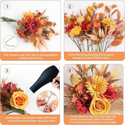 Artificial Fall Flowers Bouquet for Decoration, Fall Fake Silk Flower Arrangements Faux Autumn Flowers Fall Decorations for Home Indoor Office Wedding Bride Bouquets Tables Centerpieces Fall Decor