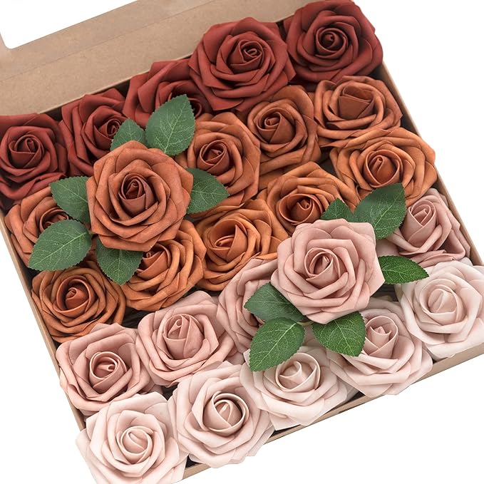 Ling's moment Artificial Flowers, 25Pcs 3" Roses in Amber Shades, Realistic DIY Foam Floral Decor for Wedding Bouquets/Centerpieces, Outdoor Party Backdrops, Room/Table, and Garden/Pot Decorations