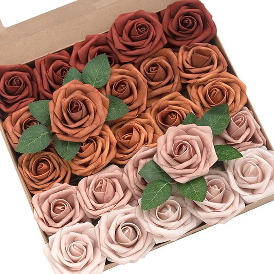 Ling's moment Artificial Flowers, 50Pcs 3" Roses in Amber Shades, Realistic DIY Foam Floral Decor for Wedding Bouquets/Centerpieces, Outdoor Party Backdrops, Room/Table, and Garden/Pot Decorations