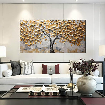 Tree Pictures Wall Decor for Living Room Yellow Canvas Wall Art for Bedroom Large Abstract Wall Art for Office Size 29" x 58"