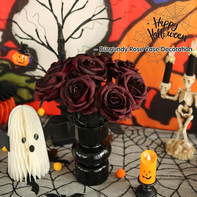 Felice Arts 12 Pack Burgundy Roses Artificial Flowers with Black Stems Silk Roses Fake Gothic Flowers Bouquet for Halloween Wedding Centerpiece Table Vase Home Indoor Kitchen Party DIY Vampire Decor