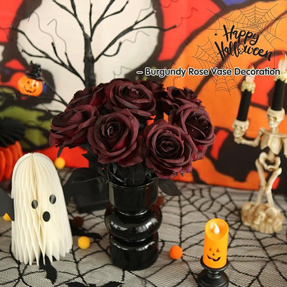 Felice Arts 12 Pack Burgundy Roses Artificial Flowers with Black Stems Silk Roses Fake Gothic Flowers Bouquet for Halloween Wedding Centerpiece Table Vase Home Indoor Kitchen Party DIY Vampire Decor