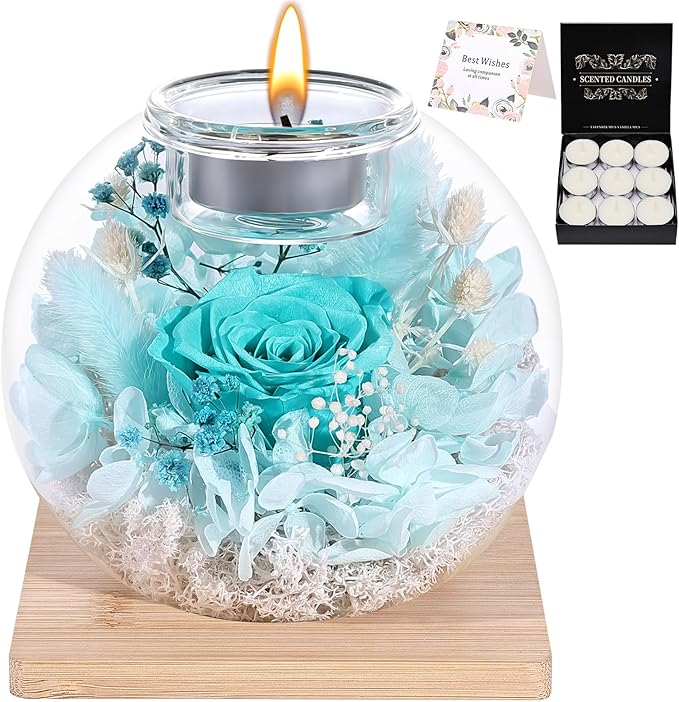 Christmas Birthday Gifts for Women Preserved Roses in Glass Dome with Scented - Romantic Preserved Flower for Women, Girlfriend, Wife, Mom, Grandma, Sister, Her-Cyan