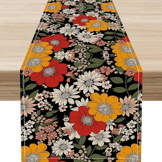 Boho Floral Table Runner, Colorful Vintage Flower Bohemian Floral Print Table Decor for Home Kitchen Dining Patio Holiday Party Indoor Outdoor Table Decorations 13x36 inch