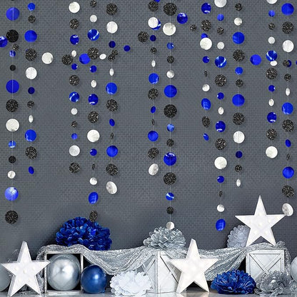 46Ft Navy Blue Black Silver Circle Dots Garland Royal Blue Black Polka Dots Streamer for Birthday Graduations Wedding Bridal Baby Shower Nautical Ahoy Achor Pirate Theme Party Decorations Supplies