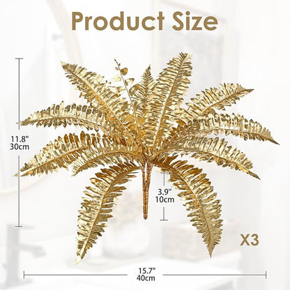 Artificial Gold Ferns Stems Christmas Branch 3Pcs Fake Leave Flower Plant Faux Plant for Vase Bouquets Table Centerpieces Decoration Home Decor
