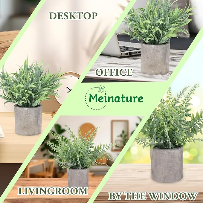 2 Pack Mini Potted Fake Plant, Artificial Plants Indoor, Artificial Frost-Hung,Eco-Friendly Gray Pot, No Need for Maintenance，Ideal Decor for Home and Office (2, Spring Grass + Wild Fern)