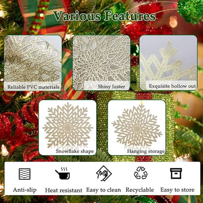 Snowflake Placemats Set of 6, Washable Christmas Placemats Snowflake Tablemats Hollow Out Round Vinyl Place Mats for Dining Table Setting Kitchen Table Mats Christmas Decoration(Gold Snowflake)