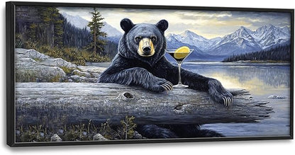 Forest Bear Large Decor Framed Wall Art Mountain Lake Cabin Pictures for Living Room, Black Bear Oversized Canvas Print Painting Modern Extra Large Framed Artwork for Bedroom Office 60"x30"