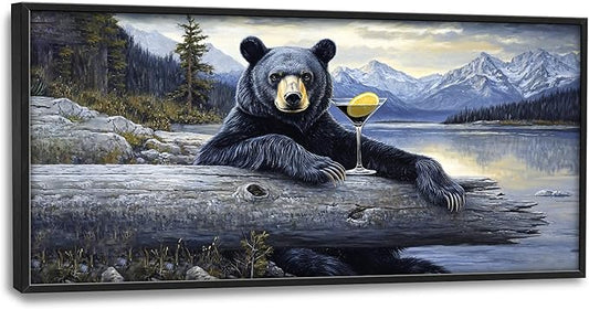 Forest Bear Large Decor Framed Wall Art Mountain Lake Cabin Pictures for Living Room, Black Bear Oversized Canvas Print Painting Modern Extra Large Framed Artwork for Bedroom Office 60"x30"