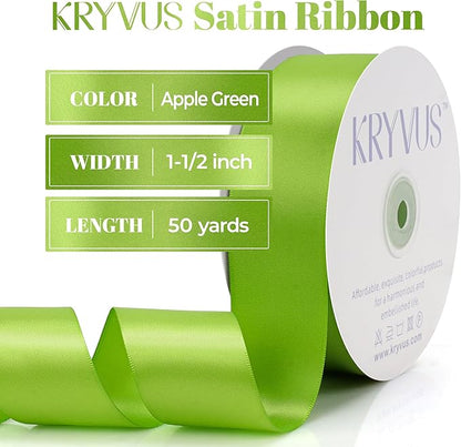 Apple Green Satin Ribbon, Double Faced 1-1/2 Inch X 50 Yards Apple Green Ribbon, Premium Satin Ribbon for Gift Wrapping, Crafts, Hair Bow Making, Sewing, Flower Bouquet, Wedding Party Decor