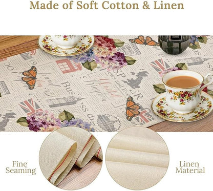 British Table Runner, Seasonal Vintage Floral England London Culture Element Coffee Table Center Decor for Home Kitchen Dining Patio Holiday Party Table Decorations 13x90 inches