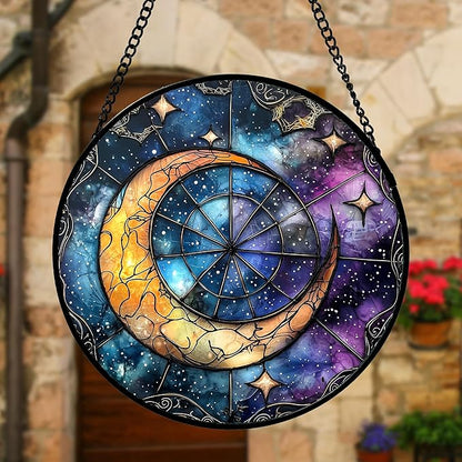 Stained Glass Window Hanging, Blue Starry Sky Moon Astrolabe Suncatcher for Doors Home Sun Catchers Decoration and Christmas, Mother's Day Birthday Gifts for Women, Men, and Mom 6.3 in