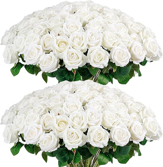 Auihiay 60PCS Artificial Roses Bulk, White Velvet Silk Fake Roses, Realistic White Flowers for Wedding Centerpieces, Bridal Bouquets, Home Decor, Baby Shower, Valentine's Day Party Decorations