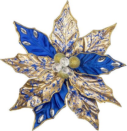 Hollyone 3PCS Poinsettia Christmas Flowers Artificial 11" Large Blue and Gold Glitter Poinsettia Flowers Christmas Tree Ornaments Floral Picks for Tree Wreath Garland Vase Table Centerpiece Home Decor