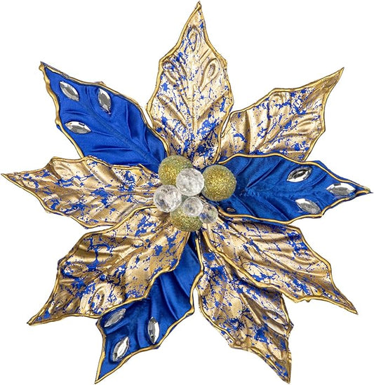 Hollyone 3PCS Poinsettia Christmas Flowers Artificial 11" Large Blue and Gold Glitter Poinsettia Flowers Christmas Tree Ornaments Floral Picks for Tree Wreath Garland Vase Table Centerpiece Home Decor