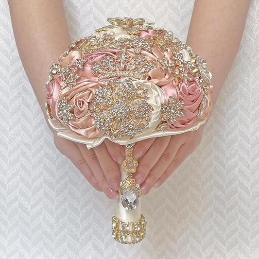 Handmade Satin Rose Floral Bling Pearl Decor Bridal Wedding Bouquet Rhinestone Pendant Artificial Brooch Flowers for Bride Bridesmaid Quinceanera