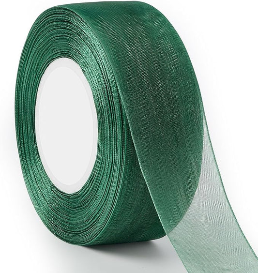 1-1/2 Inch Dark Green Sheer Organza Ribbon for Bow Making, Gift Wrapping, Christmas Decoration, 50 Yards/Roll