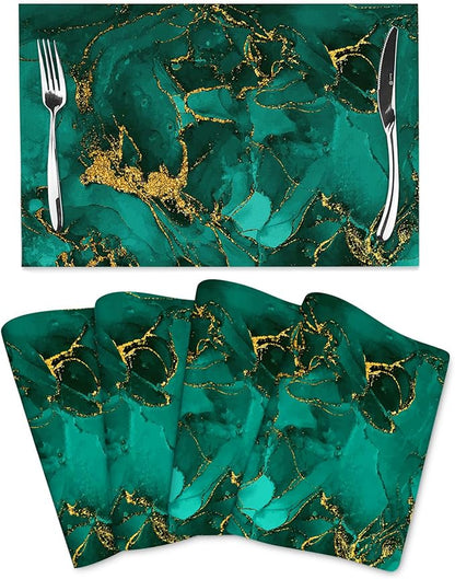 Turquoise Marble Decorative Placemats Set of 4, Emerald Dark Green Table Mats for Kitchen Holiday Party Modern Farmhouse Home Decor 12x18 Inch