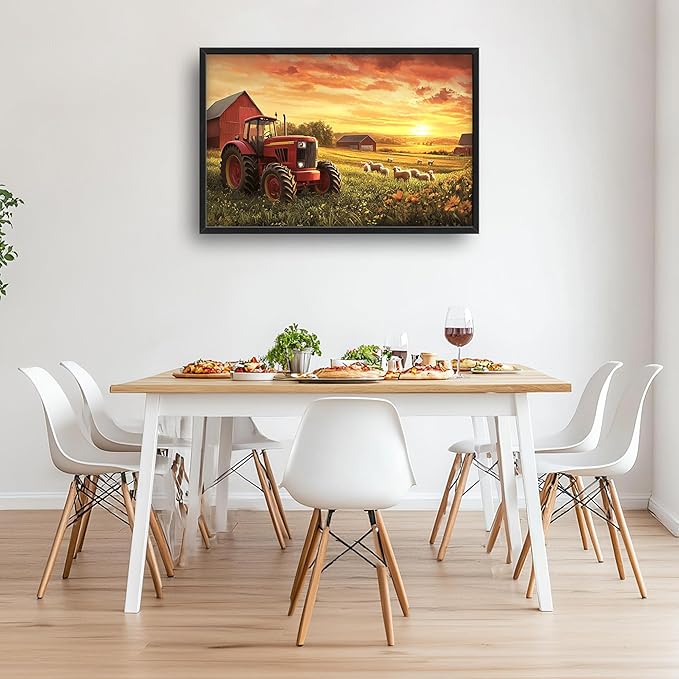 Farmhouse Sunset Large Wall Art Framed Wall Decor for Living Room Rustic Barn Tractor Pictures Oversized Canvas Print Painting Modern Extra Large Framed Artwork for Bedroom Office 36"x24"