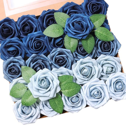 25pcs Artificial Flower，Real Looking Foam Roses w/Stem for DIY Wedding Bouquets Centerpieces Bridal Shower Party Decor-Shades of Navy Blue