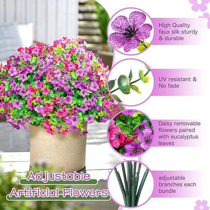 QUNPON Artificial Flowers for Outdoors,Faux Flowers Daisy with Eucalyptus Leaves for Indoor Garden Home Decoration,UV Resistant Artificial Flower Fake Plants for Porch Patio, 12 Bundles (Purple Pink)