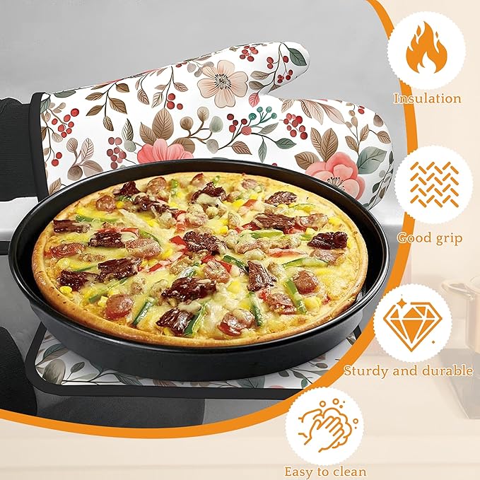 Pink Poppy Floral Oven Mitts and Pot Holders Set,Berry Kitchen Decor Heat Resistant Non Slip Hot Pads and Oven Mitt for Chef Cooking Baking BBQ Mom Girl Gifts(4 Piece Set)