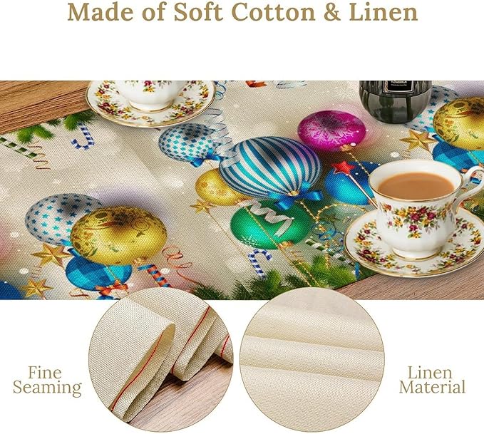 Christmas Table Runner,Colorful Balls Xmas Tree Snowflake Pattern Print Tablecloth Burlap for Hotel Indoors Outdoor Dining Room Kitchen Home Decor,W13X L70 in