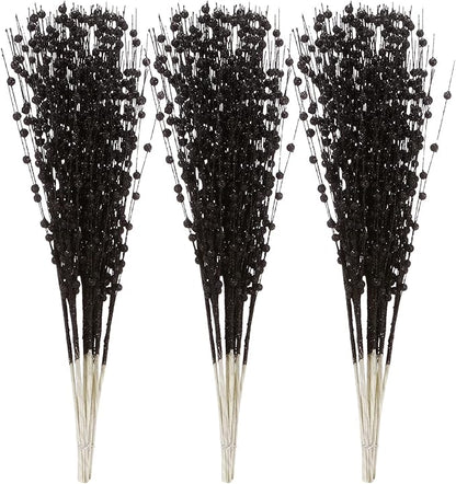 Sea Team 24-Pack Artificial Glitter Berry Stem Ornaments, Decorative Bead Sticks, Glittery Twigs, Picks, Branches for Christmas Tree, Small Vase, Holiday, Wedding, Party (17 Inches, Black)