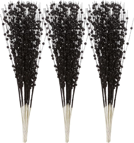Sea Team 24-Pack Artificial Glitter Berry Stem Ornaments, Decorative Bead Sticks, Glittery Twigs, Picks, Branches for Christmas Tree, Small Vase, Holiday, Wedding, Party (17 Inches, Black)