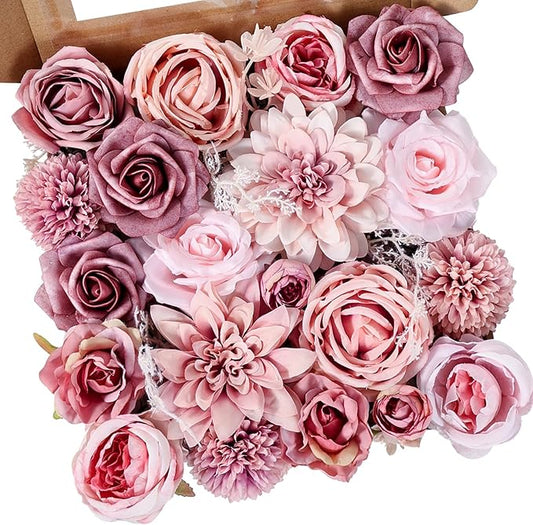 Artificial Flowers Combo Dusty Pink Roses with Stems Bouquets Bridal Wedding Shower Decorations Fake Floral for Party Table Centerpieces Home Decor