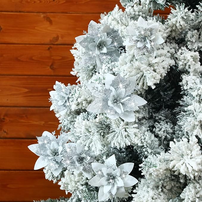 24 Christmas Glitter Artificial Poinsettia Flowers Xmas Poinsettia Artificial Wedding Flowers Decorations Xmas Tree Ornaments with Clips for Party Favors, 6 Inch, 4 Inch, 3 Inch (Silver and White)
