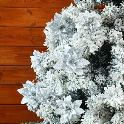 24 Christmas Glitter Artificial Poinsettia Flowers Xmas Poinsettia Artificial Wedding Flowers Decorations Xmas Tree Ornaments with Clips for Party Favors, 6 Inch, 4 Inch, 3 Inch (Silver and White)