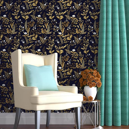 Extra Long Dark Navy Vintage Floral Wallpaper 17.5In x 393In Boho Peelable Contact Paper Botanical Wall Paper Waterproof Stick on Backsplash Bedroom Cabinet Drawer Deep Blue Yellow Gold