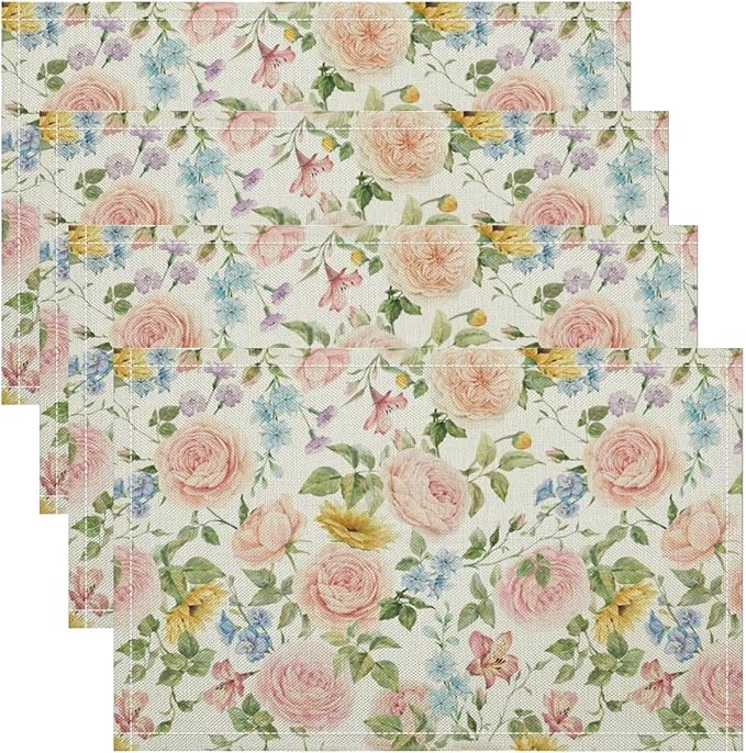 Colorful Floral Placemats Set of 6, 17x12 Inch Watercolor Spring Botanical Aesthetic Wildflower Nature Rustic Art Printed Table Mats for Home Party Kitchen Dining Decor
