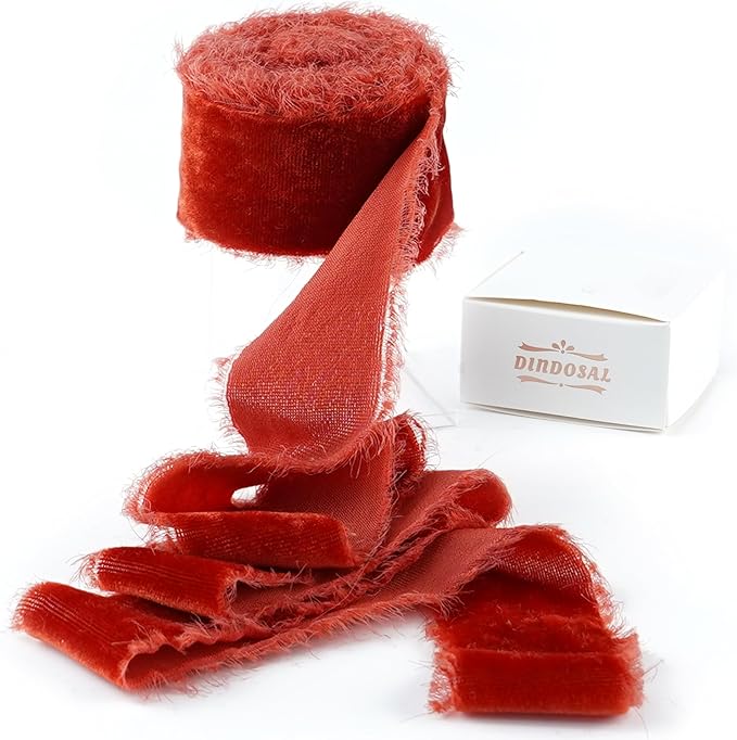 Rust Red Silk Velvet Ribbon 1.5 Inch Frayed Edge Ribbon Rustic Style Fringe Gift Raw Edge Boho Velvet for Wedding Invitation Bridal Bouquet -3yards