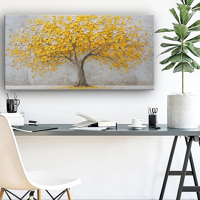 Yellow Abstract Ginkgo Tree Picture Print Canvas Wall Art Living Room Dining Room Office Study Bedroom Wall Decor Wall Art Prints Modern Style Artwork Waterproof Ready to Hang - 20x40 Inch