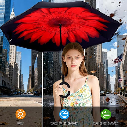 Inverted Umbrella, 49 Inch Double-Layer Vented Reverse Umbrella, Windproof Waterproof UV Protection, Lightweight C-Handle, Fiberglass Ribs, Steel Shaft, Travel/Commute/Car Use, With Sleeve